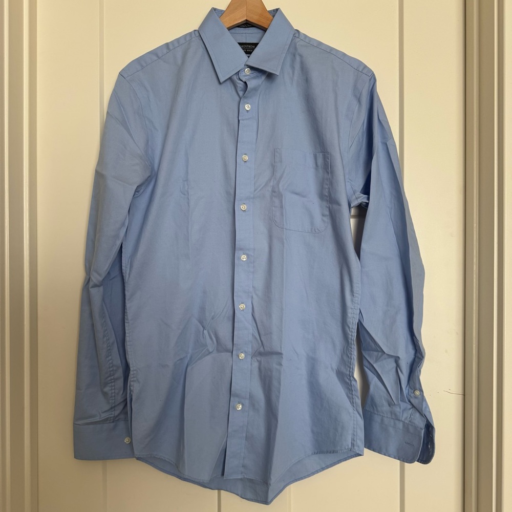 💙 Nordstrom Men's Shop Blue Trim Fit Non-Iron Dress Shirt 15 34-35